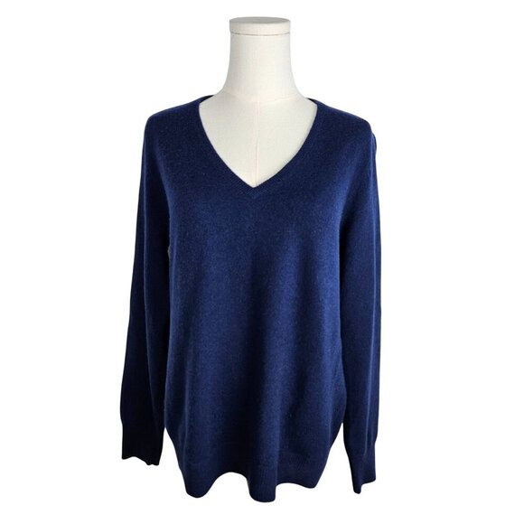 Galeries Lafayette Paris V-Neck Sweater Size Large 100% Cashmere Blue Knit Pullo - Picture 1 of 7